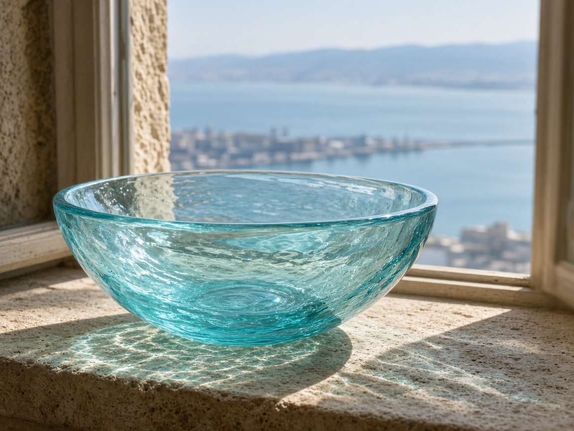 Pale aqua glass bowl on a stone windowsill above Haifa bay