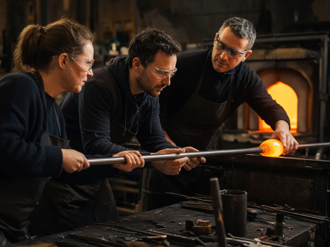 Participants in safety glasses turning a blowpipe with an instructor