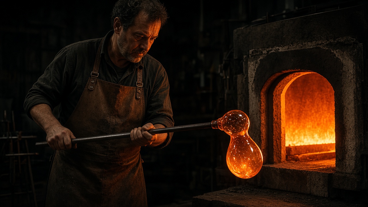 Glassblower gathering molten glass at the furnace