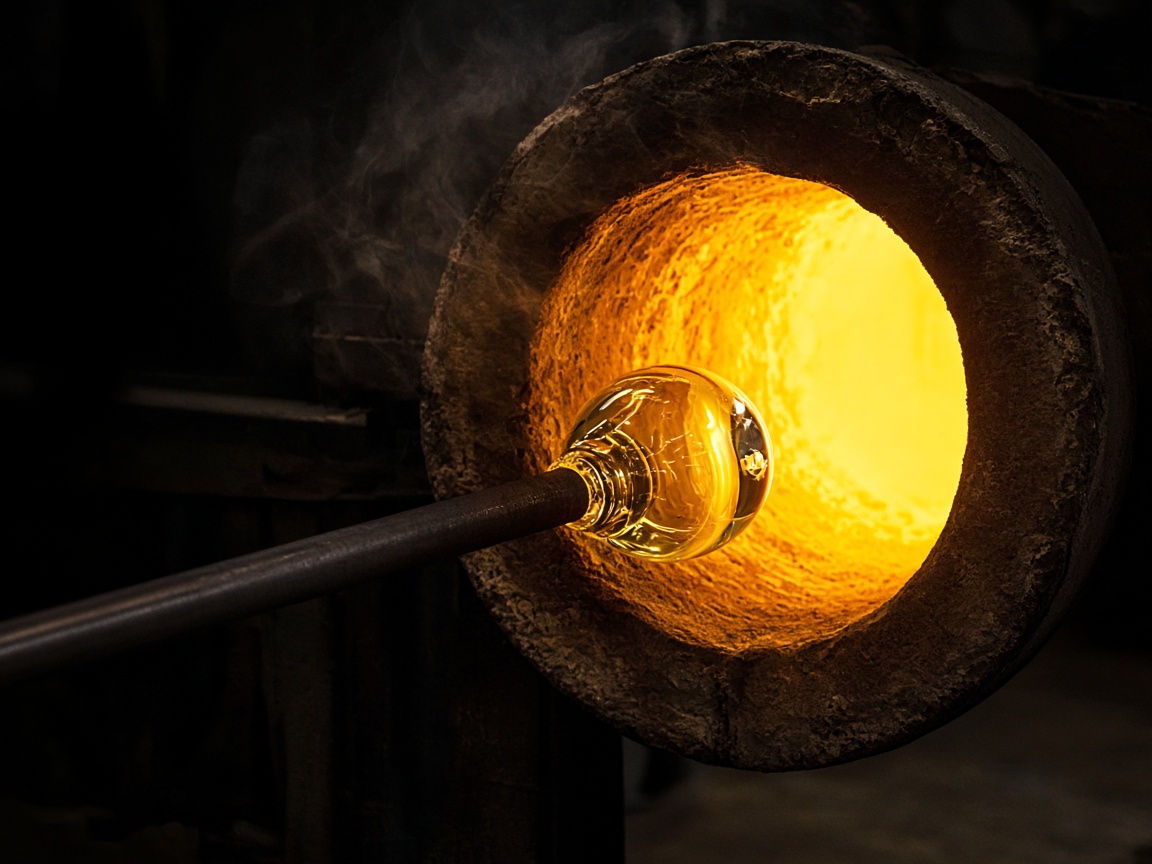 Molten glass entering the glowing reheating chamber