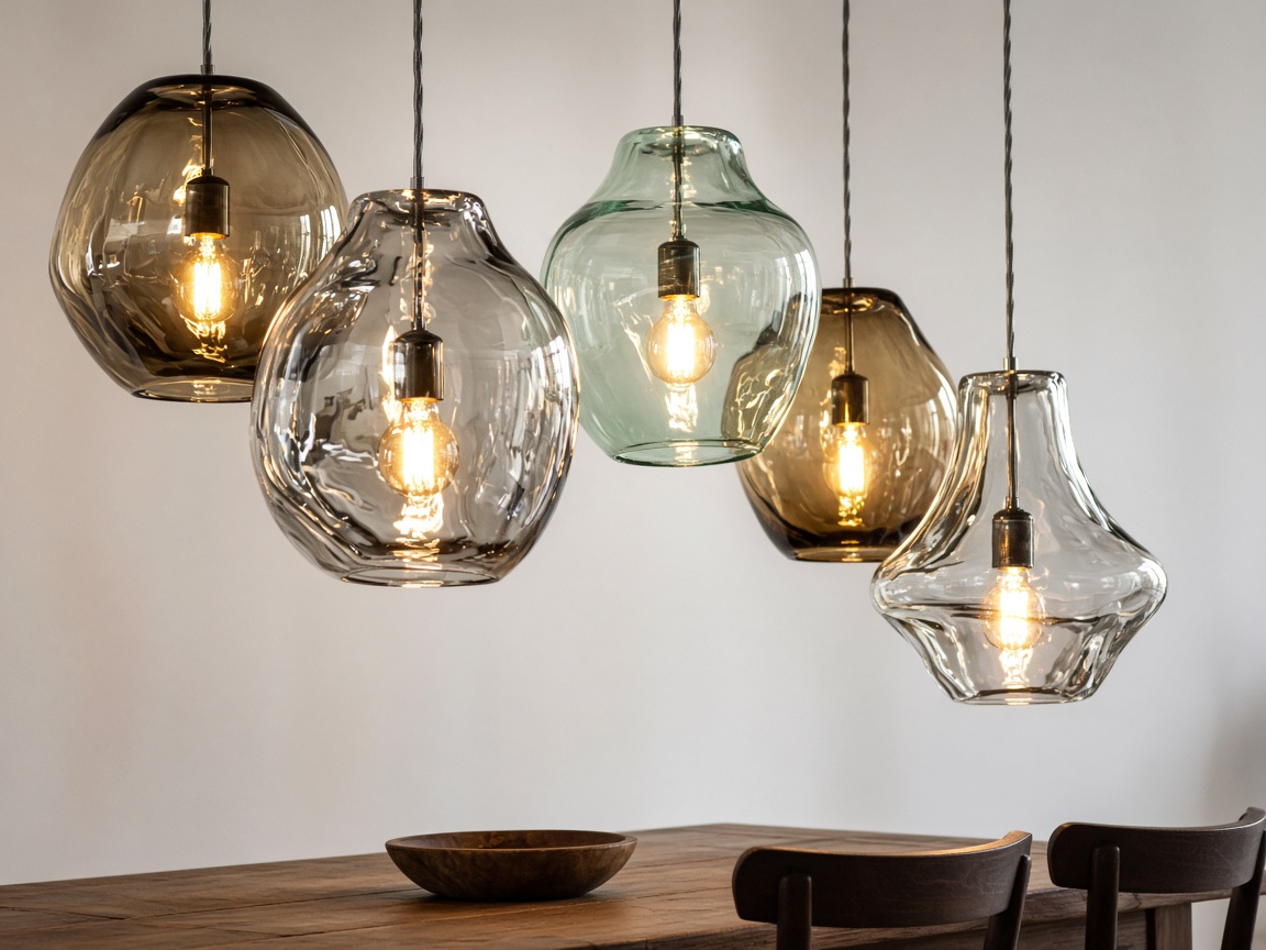 Cluster of hand-blown glass pendant lights over a dining table