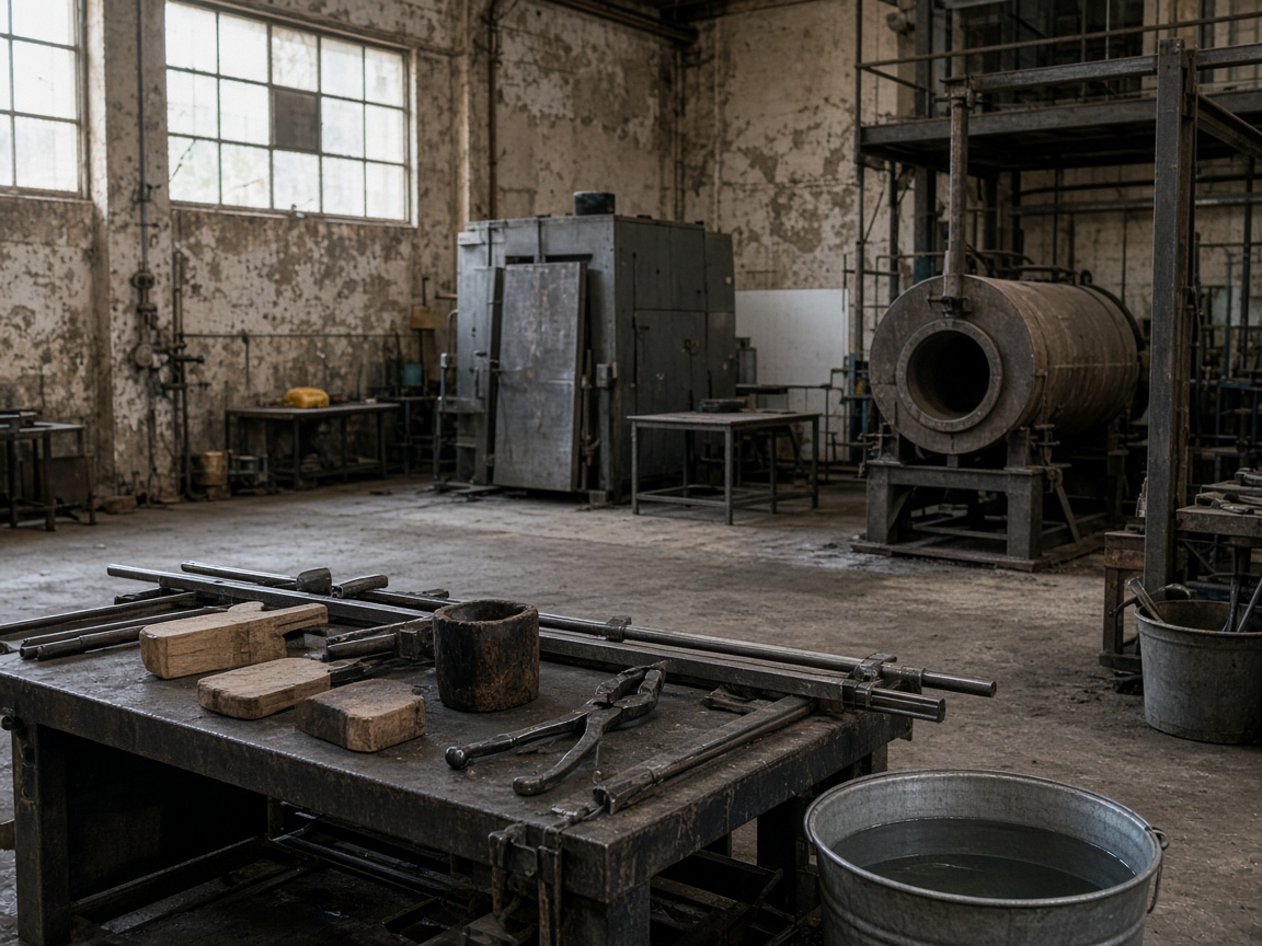 Glassblowing studio with workbenches, tools and annealing oven