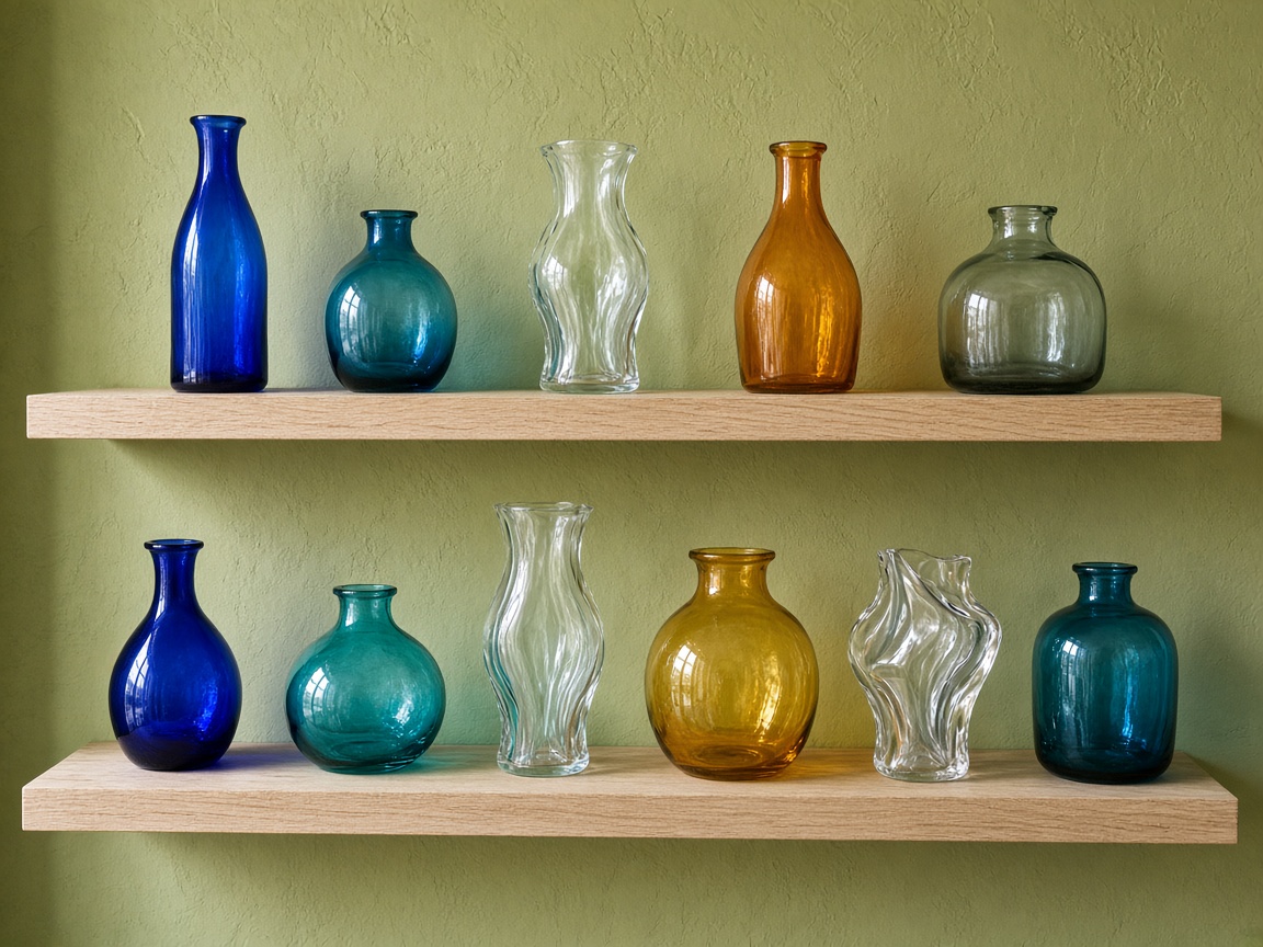 Hand-blown glass vases in cobalt, teal, amber and clear on oak shelves